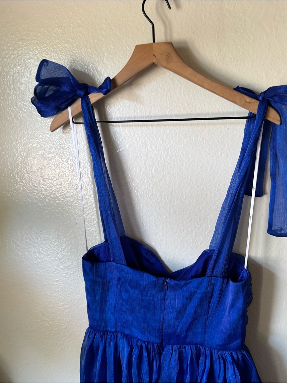 Lulus | Radiant Arrival Shiny Blue Organza Tiered Tie-Strap Maxi Dress - Picture 7 of 7
